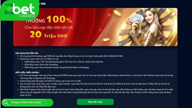 Khuyến mãi Zbet - Thưởng nạp lần đầu 100% Khuyến mãi Zbet - Thưởng nạp lần đầu 100%